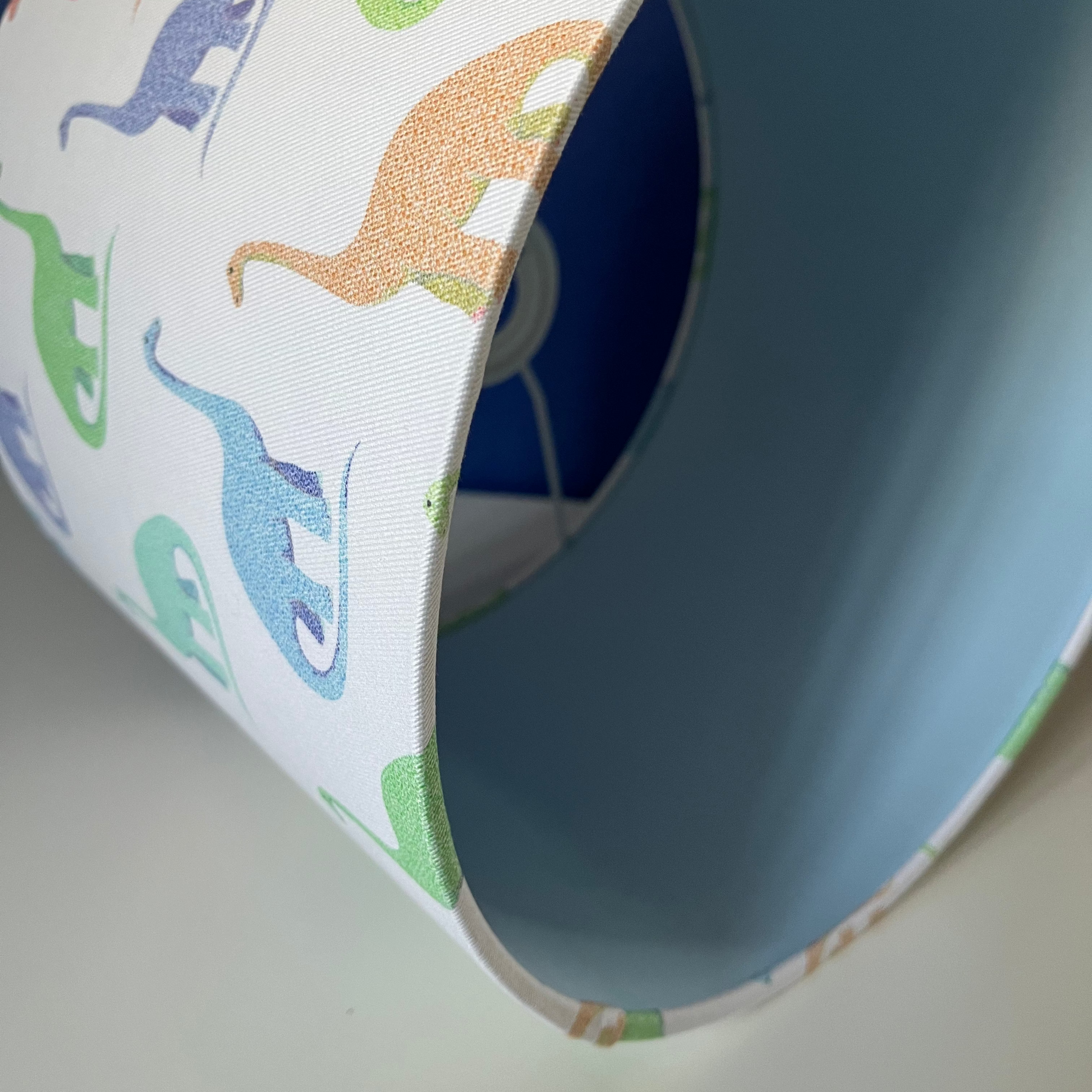 Close up of dinosaur lamp with pale blue lining